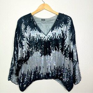 SILK SEQUIN Deco FLaME Vintage 80s Black Silver Embellished Blous long sleeve L
